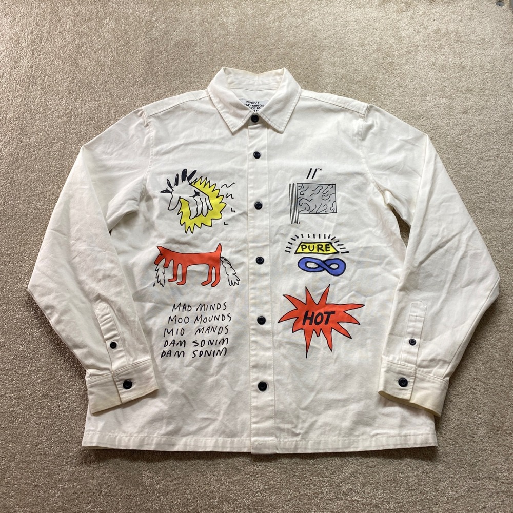 MAD MINDS Shirt Mens Medium White‎ Graphic Print Long Sleeve Button Up Cotton